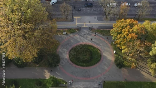 Aerial view of the cityscape and the main buildings of the Polytechnic University Lviv Ukraine. Central entrance. Green lawns and trees. Architecture. 
