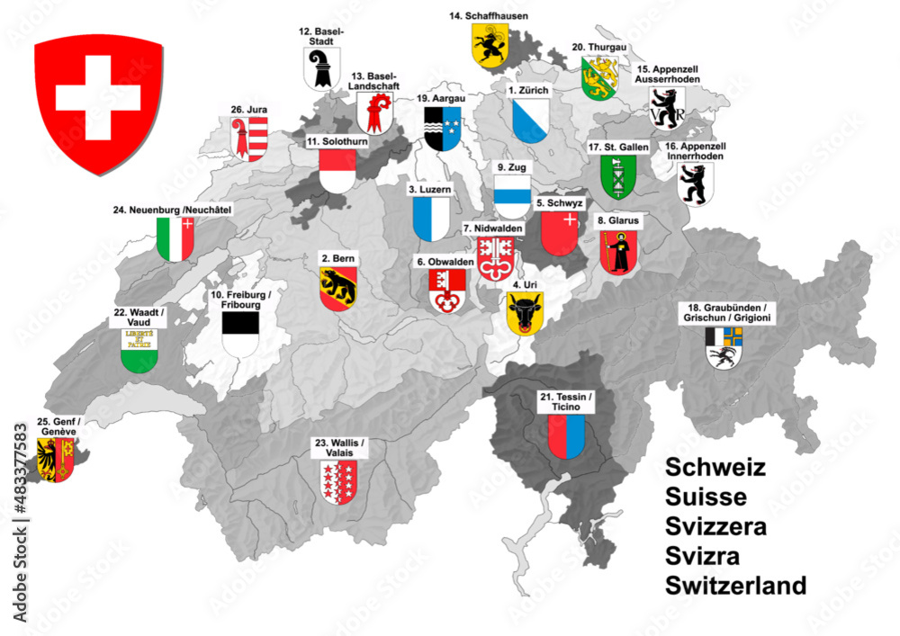 Shape of map of Switzerland in black and white with border of Cantons and colorful coat of arms