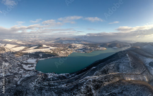 Panorama of Lake Abrau in winter before sunset