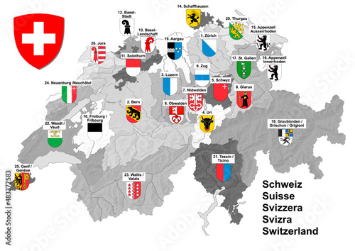 Shape of map of Switzerland in black and white with border of Cantons and colorful coat of arms. Illustration mad January 27th, 2022, Zurich, Switzerland. photo