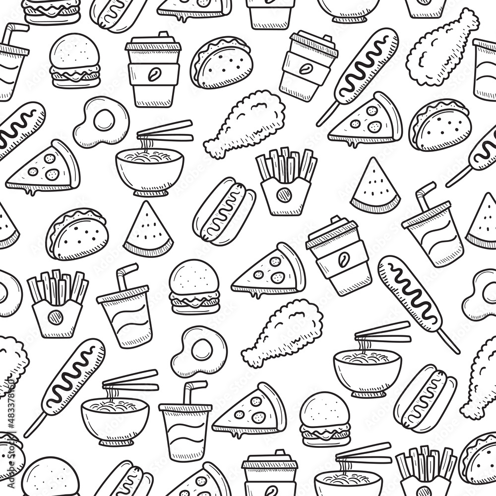 Fast food seamless doodle pattern with black and white color. Set of foods doodle illustration