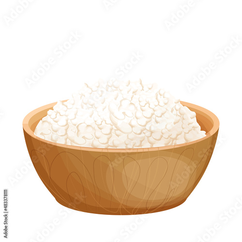 Cottage cheese dairy product in wooden bowl in cartoon style isolated on white background. Farm nature ingredient, nutrition food.