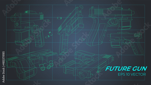 Set of future gun in different angle. 3d colorful vector illustration. Cyberpunk weapon in neon lights. Retrofuturistic trendy outline graphic with grunge and defect effects. 