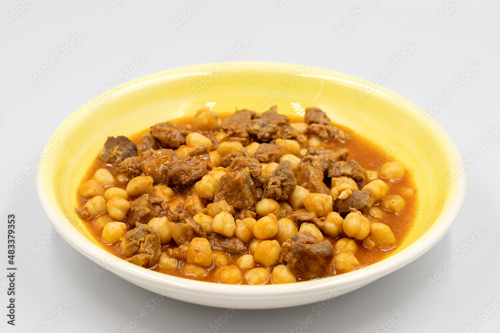 Traditional delicious Turkish foods; Turkish Food Chickpeas with Meat. Turkish name; Etli nohut