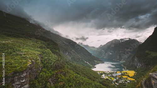 Geirangerfjord  Norway - Geiranger In Geirangerfjorden In Sunny Summer Day. Famous Norwegian Landmark And Popular Destination. .