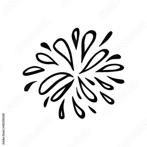 A lot of small spray and droplets. Contour water drop icon. Hand drawn cartoon illustration of aqua. Symbol of splashing liquid in doodle style. Isolated outline vector image on white background.