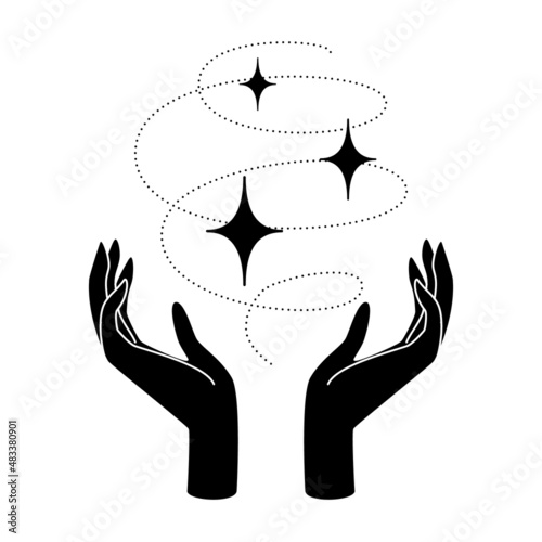 Feminine hands with stars as symbol of beauty, care, magic, meditation, charity, faith, hope.