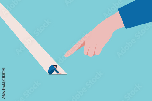 Depressed female teenager sitting under huge hand vector flat illustration. Despair tiny girl victim of control, prohibition, punish and force isolated. Concept of pressure of parents and society photo