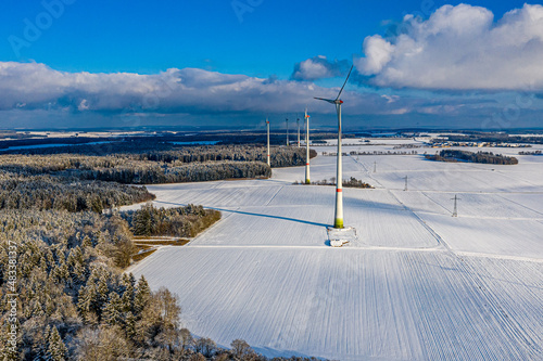 Luftaufnahme des Bürger - Windpark Denkendorf an einem sonnigen Wintertag photo