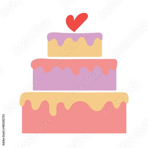 Valentine   s day cake icon isolated on white background. Cute sweets food. Homemade cake with pink heart. Flat design cartoon style dessert. Editable vector illustration for website  invitation postcad