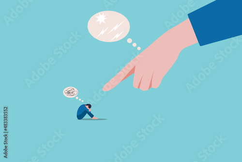 Depressed female teenager sitting under huge hand vector flat illustration. Despair tiny girl victim of control, prohibition, punish and force isolated. Concept of pressure of parents and society