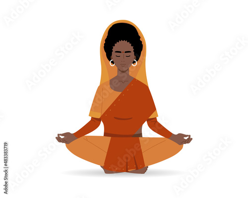 Indian priestess is sitting and doing meditation. Indian woman in lotus posture. Vector illustration in a flat style