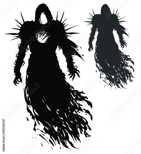 A sinister black silhouette of a hooded flying spirit in spiked armor with a round hole in his chest hovers in the air, his clawed fingers tense and a ragged cloak flutters in the wind. 2d art