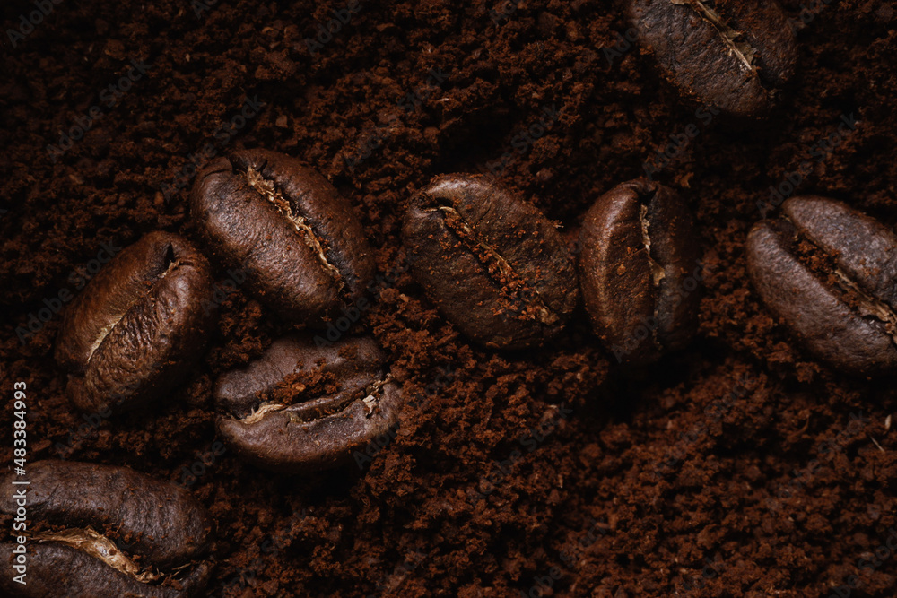 Macrophotography. mixture of coffee beans and ground coffee. view from above. Promotional backdrop of fresh roasted coffee. Raw materials of new harvest for fragrant invigorating drink.
