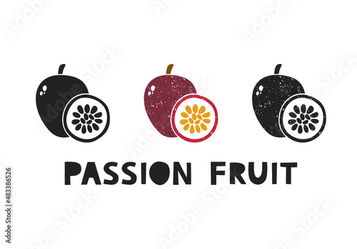 Passion fruit, silhouette icons set with lettering. Imitation of stamp, print with scuffs. Simple black shape and color vector illustration. Hand drawn isolated elements on white background