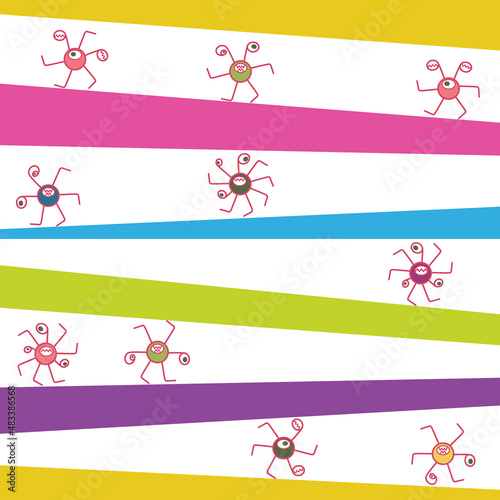 Cartoon round monsters with many arms and legs, aliens, funny freaks.
 The illustration is seamless vertical.