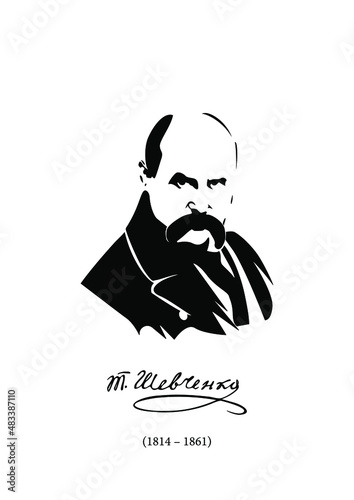 Taras Shevchenko. Ukrainian writer. poet and Painter. Vector illustration. white background. isolated object. Autographed portrait and years of the artist's life. photo