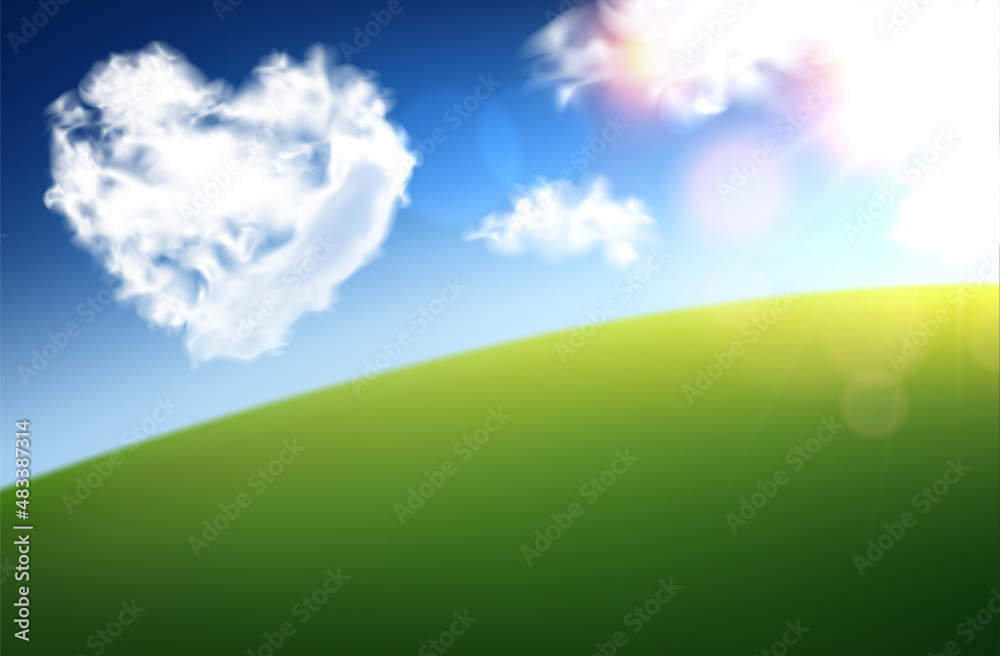 Heart shape white clouds on blue sky background. Green hill. Valentine's day.