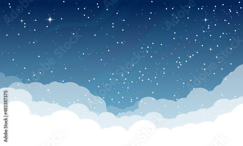 Starry sky with clouds. Dark night sky with shiny white stars and blue gradient sky. Horizontal vector template. Realistic sky view at night high in the sky.