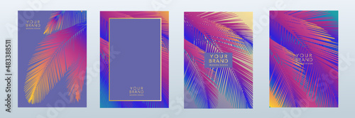 Modern tropical cover design set with abstract palm tree leaves. Luxury gold, very peri color vector background for web, flyer, business layout, certificate, digital brochure template, exotic menu
