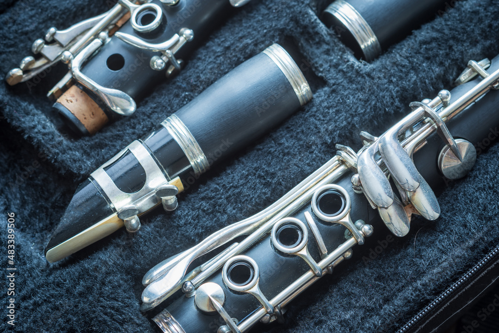 Naklejka premium clarinet inside musical instrument storage case closeup