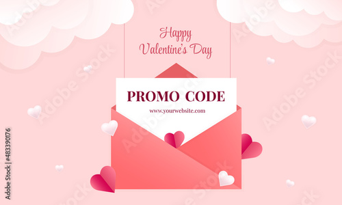 Banner with a promo code for Valentine's Day, an advertising promotion in the form of a letter from an open envelope, on a pink background with clouds and hearts, Vector illustration. Wallpaper. Flyer