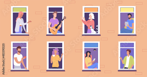 Happy and friendly neighbors live next door and communicate with each other in the windows of the building