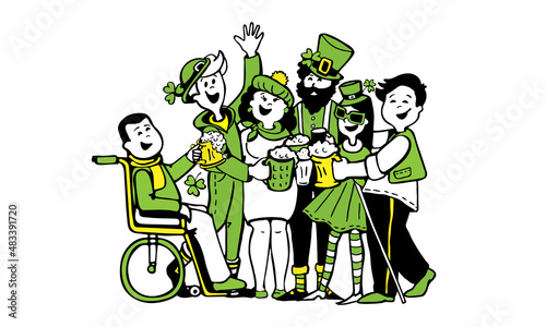 Group of different cheerful people with disabilities and with beer on holiday patricks day