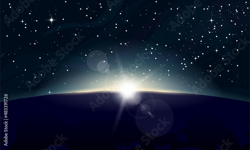 Horizontal poster of rising Sun above the Earth and stars in background. View from space, with glowing on horizon, lens flare. Space and dark night planet. Beginning of new day. Sun rays and glow.