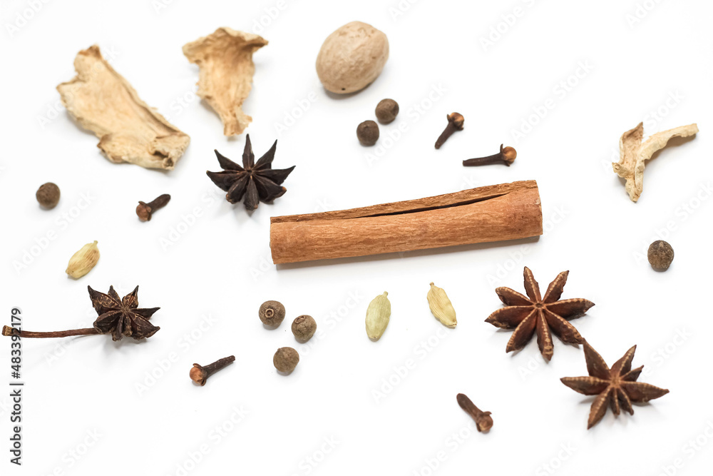 Mulled wine set. A set of spices for mulled wine on a white background.