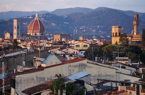 View of Florence from the medieval walls at sunset, Italy