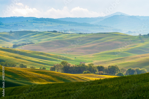 Spring Tuscany. View of the green fields lit by the rays of the sun.