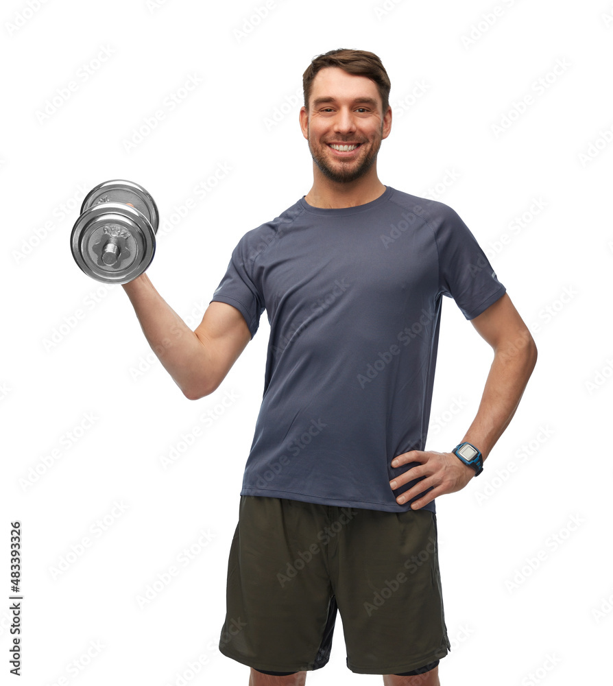 fitness, sport and bodybuilding concept - happy smiling man exercising with dumbbells over white background fitness, sport and bodybuilding concept - happy smiling man exercising with dumbbells over white background