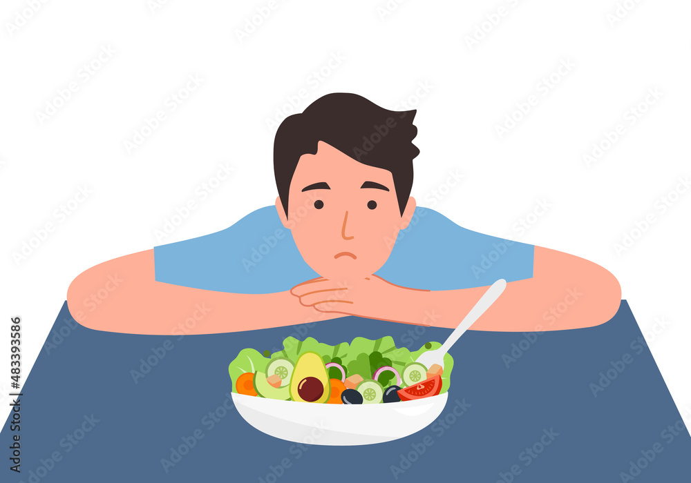 Man feel not hungry concept vector illustration on white background. Guy unable to eat. Man feel not hungry concept vector illustration on white background. Guy unable to eat.