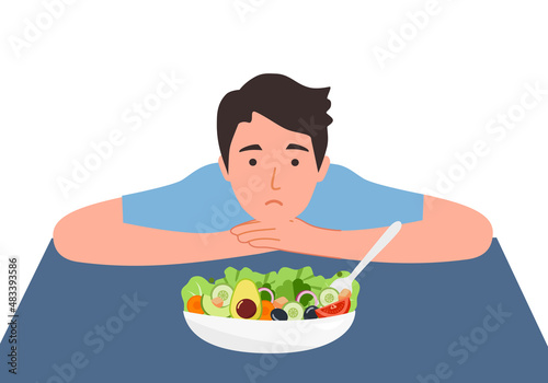 Man feel not hungry concept vector illustration on white background. Guy unable to eat.