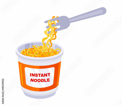 ready-made instant noodles in a plastic bowl. noodles wound on a fork. flat vector illustration.