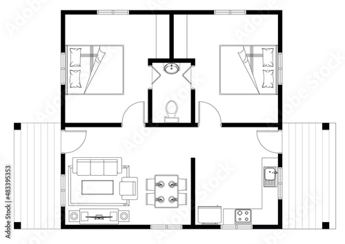 House with 2 bedroom layout plan. Complete with kitchen, bathroom, living room and dining area. 2D CAD drawings in black and white.