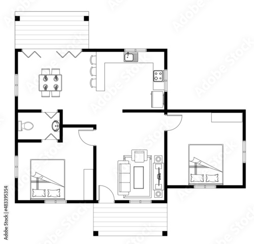 House with 2 bedroom layout plan. Complete with kitchen, bathroom, living room and dining area. 2D CAD drawings in black and white.