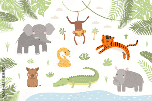 Cute tropical animals, tiger, crocodile, monkey, elephant, rhino, snake, boar, in the jungle. Hand drawn vector illustration. Scandinavian style flat design. Concept kids fashion print, poster card