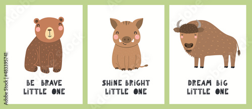 Cute funny wild animals, bear, boar, bison, quotes. Posters, cards collection. Hand drawn woodland wildlife vector illustration. Scandinavian style flat design. Concept for kids fashion, textile print