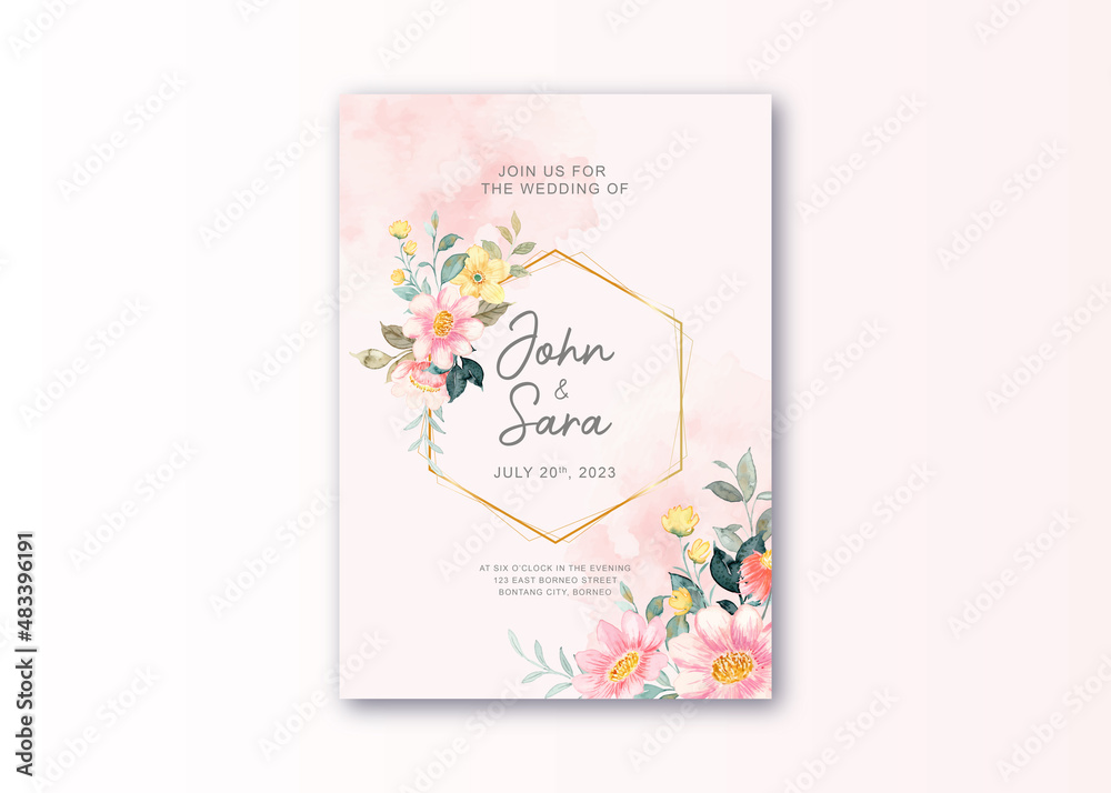 Wedding invitation template with pink yellow floral watercolor