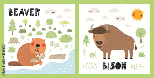 Cute funny wild animals, bison, beaver, woodland landscape. Posters, cards collection. Hand drawn wildlife vector illustration. Scandinavian style flat design. Concept for kids fashion, textile print.