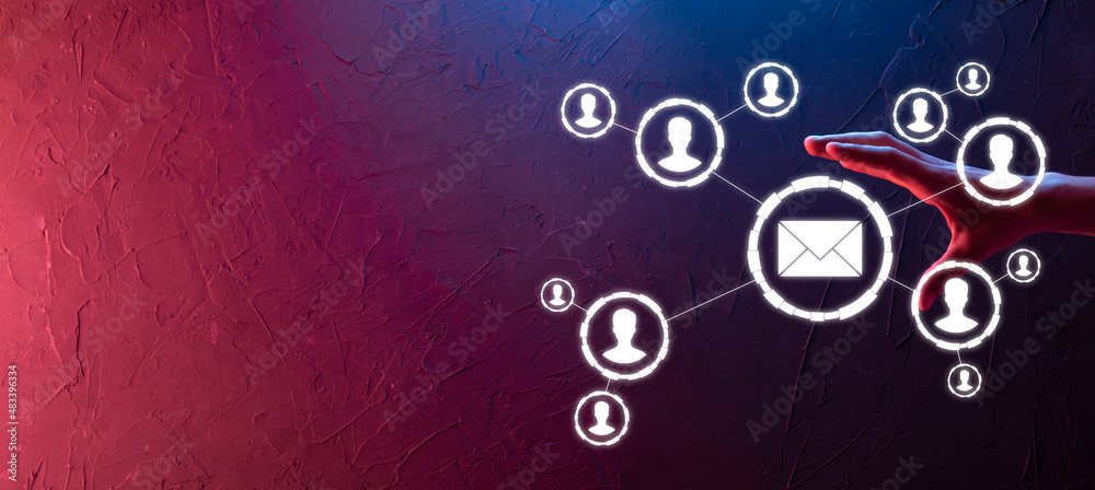 Obraz premium Email and user icon,sign,symbol marketing or newsletter concept, diagram.Sending email.Bulk mail.Email and sms marketing concept. Scheme of direct sales in business. List of clients for mailing.Neon