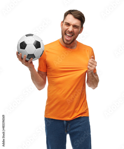 sport, leisure games and people concept - happy smiling man or football fan with soccer ball over white background