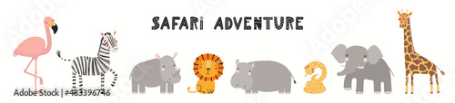 Cute funny tropical animals banner, card, quote Safari adventure, isolated on white. Hand drawn vector illustration. Scandinavian style flat design. Concept for kids fashion, textile print, poster