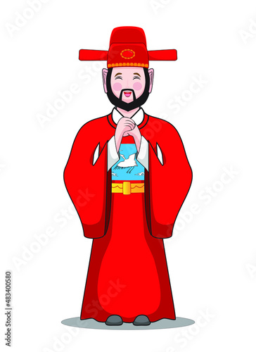 smiling ancient Chinese official of Ming or Qing dynasty dress cosplay or costume in red uniform bless or greeting by hand signs drawing in cartoon vector photo