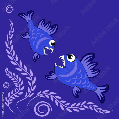 predatory evil piranha fish. Fabulous underwater world. Styling, cartoon style
