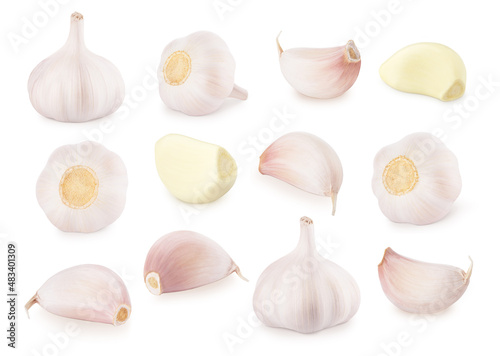 Large set of fresh garlic isolated on white background.