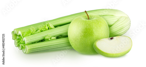 Composition with celery leaves and apple isolated on a white background.