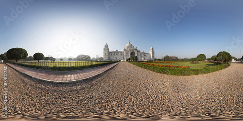 Photography Spherical seamless panorama in equidistant projection of the memorial in honor of Queen Victoria in Calcutta, a circular panorama of 360 degrees of the palace complex